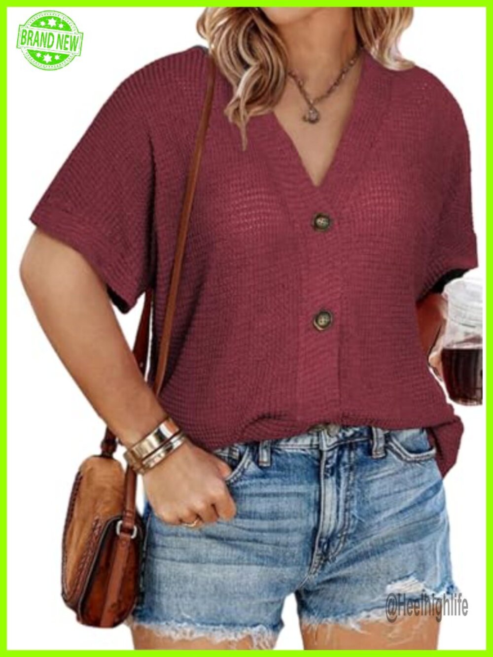 Womens Plus Size Waffle Knit Button Down Short Sleeve V Neck Casual Top